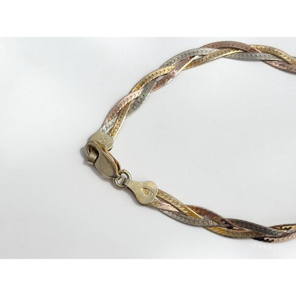 Italian HerringboneYellow Gold, Rose Gold & Silver 925 Vintage Bracelet - 7" - Picture 7 of 10